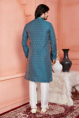 men blue jacquard silk brocade straight kurta churidar without lining 4
