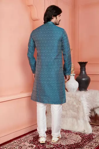 men blue jacquard silk brocade straight kurta churidar without lining