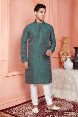 men green jacquard silk brocade straight kurta churidar with lining 1