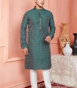 Men green jacquard silk brocade straight kurta with lining