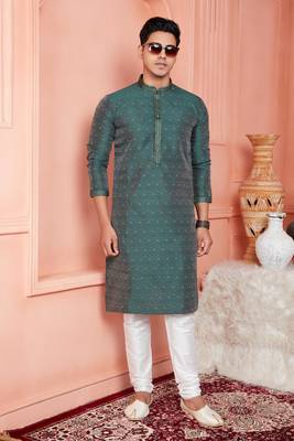men green jacquard silk brocade straight kurta churidar with lining 2
