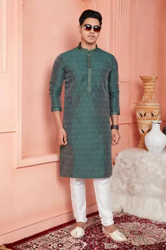 men green jacquard silk brocade straight kurta churidar with lining