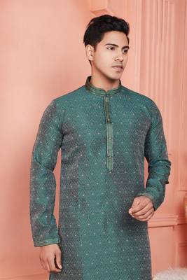 men green jacquard silk brocade straight kurta churidar with lining 3