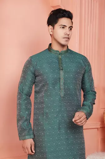 men green jacquard silk brocade straight kurta churidar with lining
