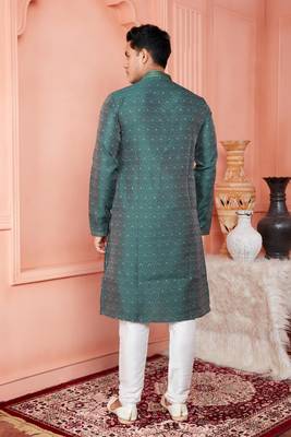 men green jacquard silk brocade straight kurta churidar with lining 4