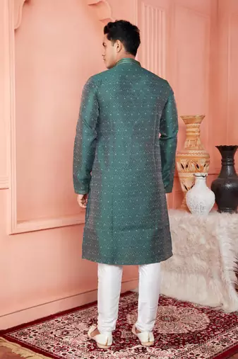 men green jacquard silk brocade straight kurta churidar with lining
