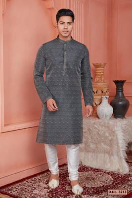 men dark greyish blue jacquard silk brocade straight kurta churidar with lining 1