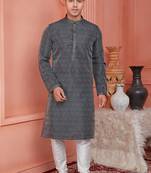 men dark greyish blue jacquard silk brocade straight kurta churidar with lining