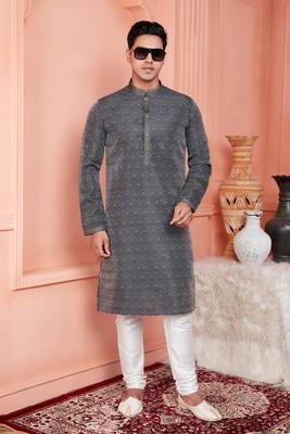 men dark greyish blue jacquard silk brocade straight kurta churidar with lining 2