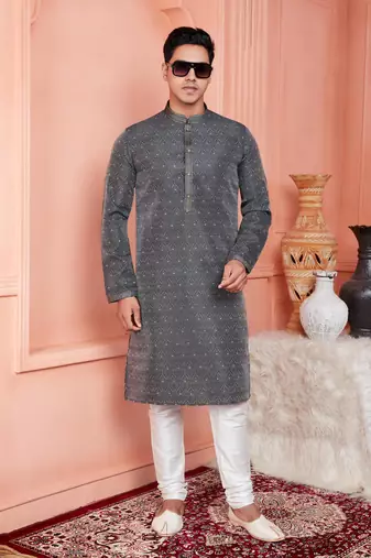 men dark greyish blue jacquard silk brocade straight kurta churidar with lining