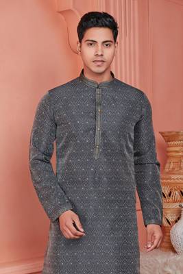 men dark greyish blue jacquard silk brocade straight kurta churidar with lining 3