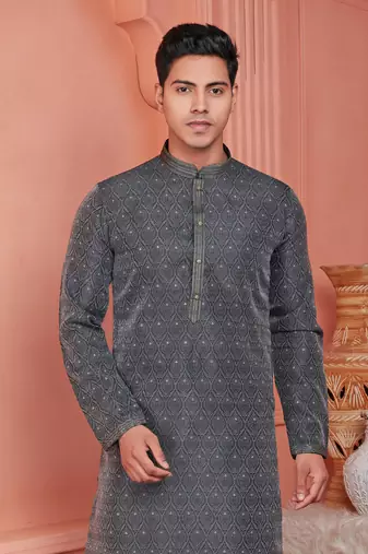men dark greyish blue jacquard silk brocade straight kurta churidar with lining