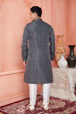 men dark greyish blue jacquard silk brocade straight kurta churidar with lining 4