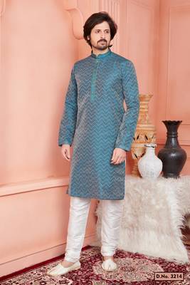 men dark moderate blue jacquard silk brocade straight kurta churidar with lining 1