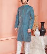 men dark moderate blue jacquard silk brocade straight kurta churidar with lining