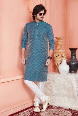 men dark moderate blue jacquard silk brocade straight kurta churidar with lining 2