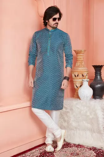 men dark moderate blue jacquard silk brocade straight kurta churidar with lining