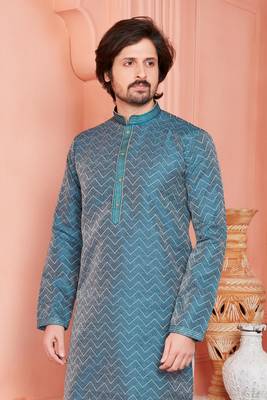 men dark moderate blue jacquard silk brocade straight kurta churidar with lining 3
