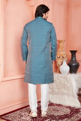 men dark moderate blue jacquard silk brocade straight kurta churidar with lining 4