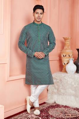 men dark cyan jacquard silk brocade straight kurta churidar with lining 1