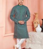 men dark cyan jacquard silk brocade straight kurta churidar with lining
