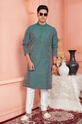 men dark cyan jacquard silk brocade straight kurta churidar with lining 2