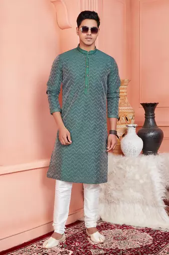 men dark cyan jacquard silk brocade straight kurta churidar with lining