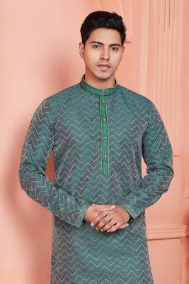 men dark cyan jacquard silk brocade straight kurta churidar with lining 3