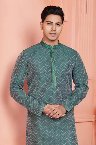 men dark cyan jacquard silk brocade straight kurta churidar with lining