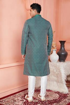 men dark cyan jacquard silk brocade straight kurta churidar with lining 4