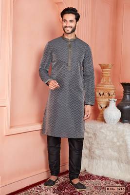 men black jacquard silk brocade straight kurta churidar without lining 1