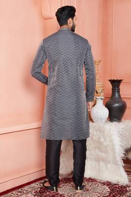 men black jacquard silk brocade straight kurta churidar without lining 4