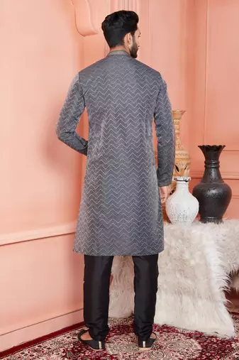 men black jacquard silk brocade straight kurta churidar without lining