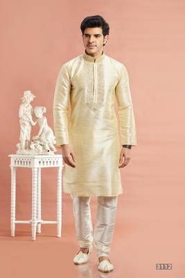 men beige banarasi art silk kurta churidar without lining 1