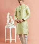 Men pista green banarasi art silk kurta without lining