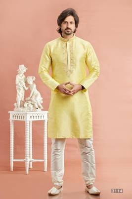 men yellow banarasi art silk kurta pyjama without lining with 1
