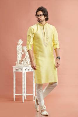 men yellow banarasi art silk kurta pyjama without lining with 2
