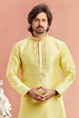 men yellow banarasi art silk kurta pyjama without lining with 3