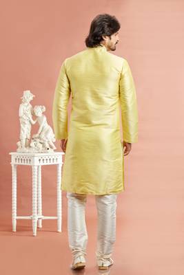 men yellow banarasi art silk kurta pyjama without lining with 4