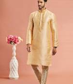 Men soft orange banarasi art silk kurta without lining