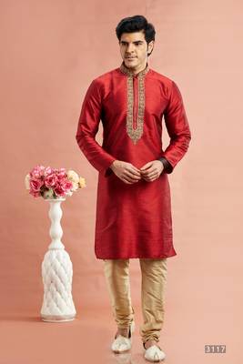 men maroon banarasi art silk kurta churidar without lining 1
