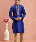 Men blue banarasi art silk kurta without lining