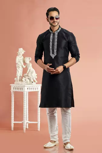 men black banarasi art silk kurta churidar without lining