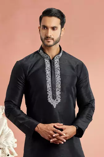 men black banarasi art silk kurta churidar without lining