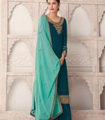 Teal blue zari embroidery and dimoand georgette straight palazzo - full stitched