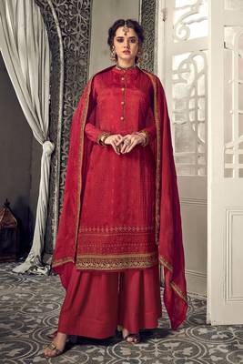 Maroon zari embroidery and dimoand chinon straight palazzo - full stitched 1