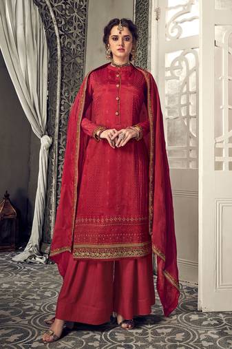 Maroon zari embroidery and dimoand chinon straight palazzo - full stitched