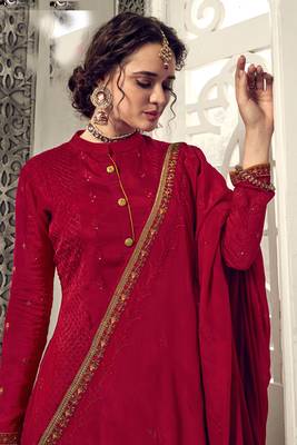 Maroon zari embroidery and dimoand chinon straight palazzo - full stitched 2