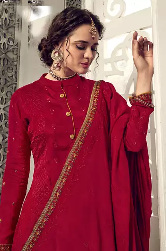 Maroon zari embroidery and dimoand chinon straight palazzo - full stitched
