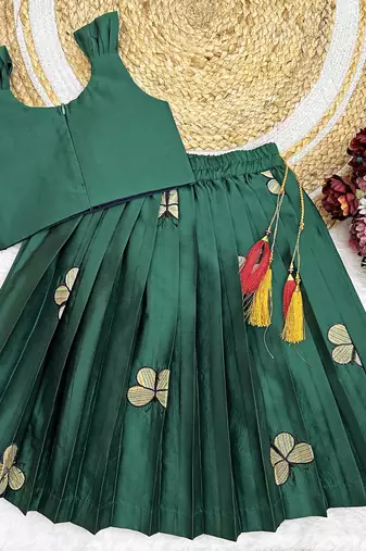 Kids Embroidery South Indian Traditional Pattu Pavadai Silk Blend Readymade Lehenga Choli Dress For Girls